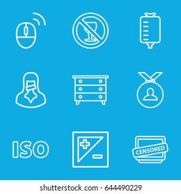 Stamp icons set. set of 9 stamp outline icons such as nightstand, medal, drop counter, no alcohol, censored woman, censored, light exposure, iso