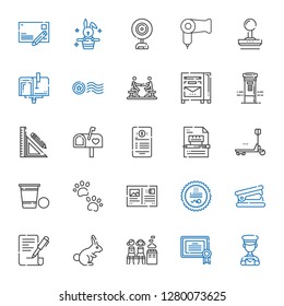stamp icons set. Collection of stamp with postman, certificate, women only, rabbit, contract, stapler remover, postcard, pawprints, beer pong. Editable and scalable stamp icons.