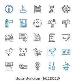 stamp icons set. Collection of stamp with rabbit, boxing, webcam, tampon, postcard, contract, rotisserie, chicken, mailbox, report, certificate. Editable and scalable stamp icons.