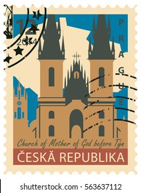 stamp with the image of the Church of Our Lady before Tyn in Prague. Translation Czech Republic