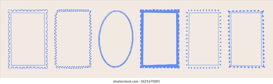 Stamp inspired frames for greeting cards, wedding and birthday party hand drawn. Minimalist line art. Vector illustration.