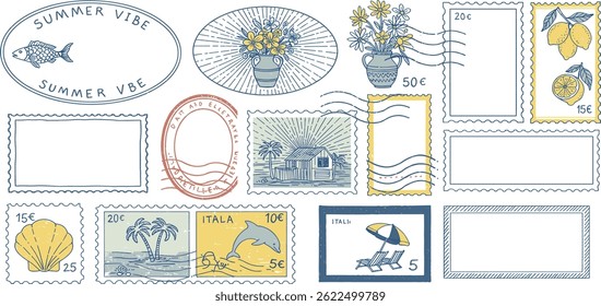 Stamp inspired frames for greeting cards, wedding and birthday party, picnic invitations in marine