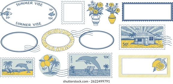 Stamp inspired frames for greeting cards, wedding and birthday party, picnic invitations in marine