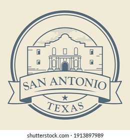 Stamp Or Label With Alamo Mission In San Antonio, Texas, Inside, Vector Illustration