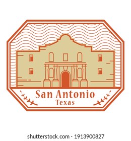 Stamp Or Label With Alamo Mission In San Antonio, Texas, Inside, Vector Illustration