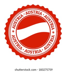Stamp or label with Austria Flag and the word Austria written inside, vector illustration