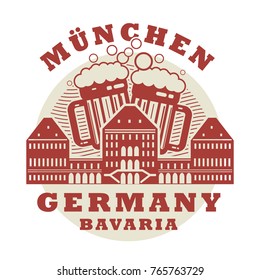 Stamp or label with beer mugs and words Munchen, Bavaria, Germany inside, vector illustration