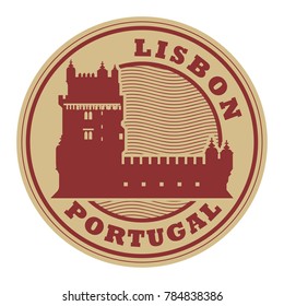 Stamp or label with Belem Tower and the words Lisbon, Portugal inside, vector illustration