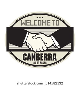 Stamp or label, business concept with handshake and the text Welcome to Canberra, Australia inside, vector illustration