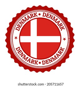 Stamp or label with Denmark Flag and the word Denmark written inside, vector illustration