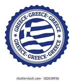 Stamp or label with Greek Flag and the word Greece written inside, vector illustration