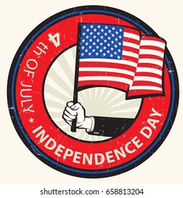 Stamp or label. Hand holding American flag. 4th of july Happy independence day United States of America. Vector illustration.