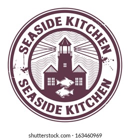 Stamp or label with Lighthouse silhouette and text Seaside Kitchen, vector illustration