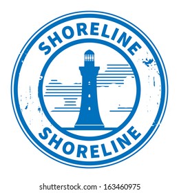 Stamp or label with Lighthouse silhouette and text Shoreline, vector illustration