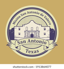 Sello o etiqueta con el nombre de la Misión Álamo (Misión San Antonio de Valero) en San Antonio, Texas, en el interior, ilustración vectorial