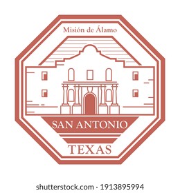 Sello o etiqueta con el nombre de la Misión Álamo (Misión San Antonio de Valero) en San Antonio, Texas, en el interior, ilustración vectorial