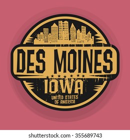 Stamp or label with name of Des Moines, Iowa, vector illustration