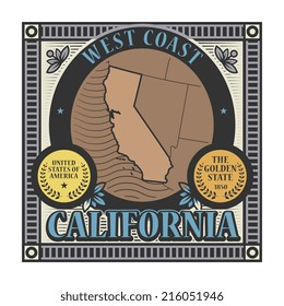 Stamp or label with name and map of California, USA, vector illustration