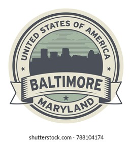 Stamp or label with name of Maryland, Baltimore, USA, vector illustration