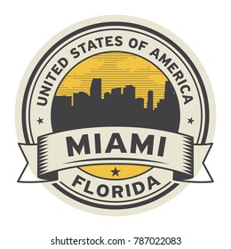 Stamp or label with name of Miami, Florida, USA, vector illustration