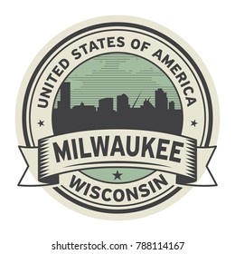 Stamp or label with name of Milwaukee, Wisconsin, USA, vector illustration