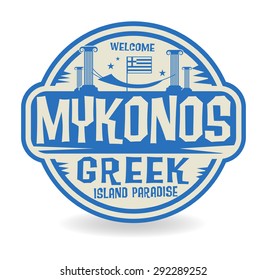 Stamp or label with the name of Mykonos, Greek Island Paradise, vector illustration