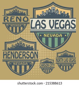 Stamp or label set with names of Nevada cities, vector illustration