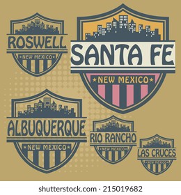 Stamp or label set with names of New Mexico cities, vector illustration