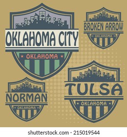Stamp or label set with names of Oklahoma cities, vector illustration
