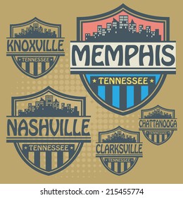 Stamp or label set with names of Tennessee cities, vector illustration