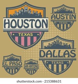 Stamp or label set with names of Texas cities, vector illustration