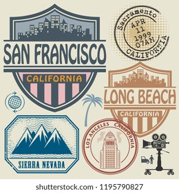 Stamp or label set with text San Francisco, California written inside, vector illustration