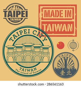 Stamp or label set with text Taipei, Taiwan (in chinese language too), inside, vector illustration