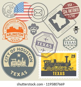 Stamp or label set with text Texas written inside, vector illustration