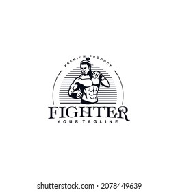 Stamp label for silhouette muscular body Fighter logo vector design template inspiration idea