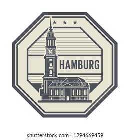 Stamp or label with St. Michaels Church and words Hamburg inside, vector illustration