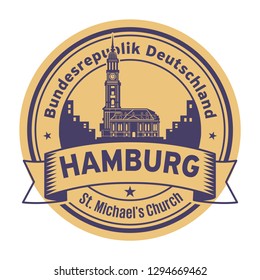 Stamp or label with St. Michaels Church and words Hamburg, Germany inside, vector illustration