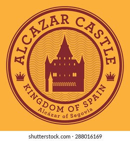 Stamp or label with text Alcazar Castle, Spain, vector illustration