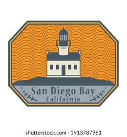 Stamp or label with text Old Point Loma Lighthouse, San Diego Bay, California, inside, vector illustration