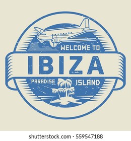 Stamp or label with the text Welcome to Ibiza, Paradise island, vector illustration.