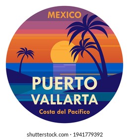 Stamp or label with the tropical beach and words Puerto Vallarta, Mexico written inside, vector illustration