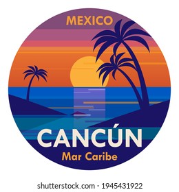 Stamp or label with the tropical beach and words Cancun, Mexico written inside, vector illustration