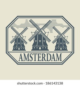 Stamp or label with word Amsterdam inside, vector illustration