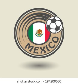 Stamp or label with word Mexico, football theme, vector illustration