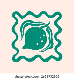 Stamp with lemon, hand drawn Amalfi coast summer doodle print. Beach, marine and Mediterranean vibes. Retro postcard clipart in coastal, naive, minimal design. Perfect for travel, fashion, and decor.