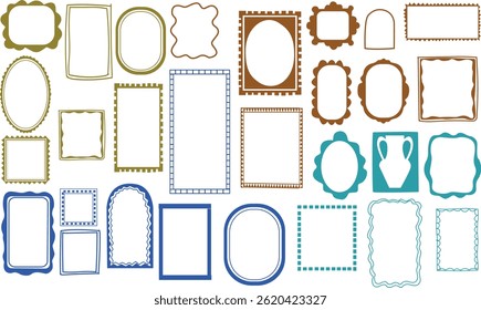 Stamp or letter mark inspired frames for greeting cards, wedding and birthday party, picnic invitations in marine sea coastal style. Hand drawn ornament borders for social media decoration template.