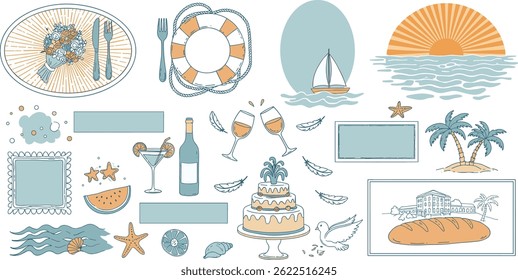Stamp or letter mark inspired frames for greeting cards, wedding and birthday party, picnic invitations in marine sea coastal style