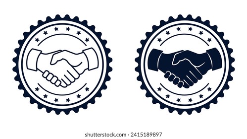 Stamp, logo with handshake for contract, agreement. The concept of concluding a deal, contract, agreement, successful negotiations. Linear isolated black and white drawing. Vector illustration.