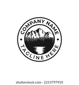 Stamp logo Mountains, river and forest logo design template. natural landscape with trees, nature landscape icon.
