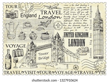 Stamp London with Big Ben and Tower Bridge. Vector illustration. Vintage design with hand drawn sketch. Line art style.